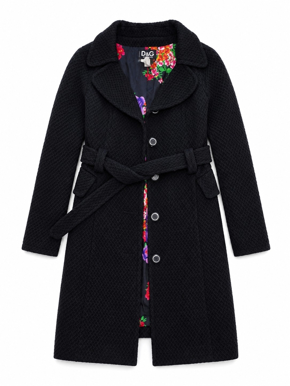 Vintage D&G Dolce & Gabbana Black Textured Wool Blend Belted Coat Floral IT 42 - Picture 1 of 8